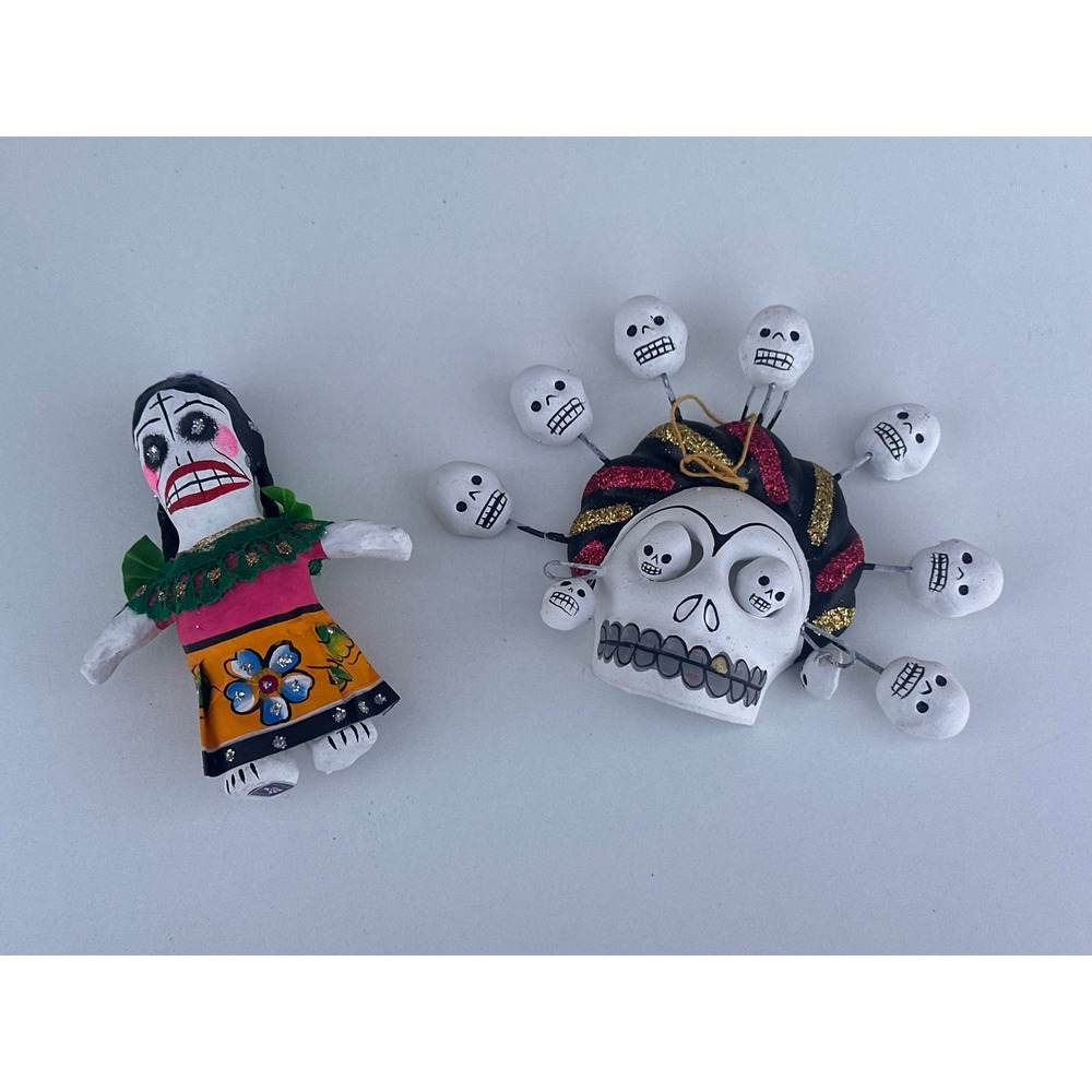 Mexican Folk Art Day of the Dead Papier Mache Doll and Clay Skull Mask Set